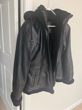Women Black Leather Shearling Hooded jacket